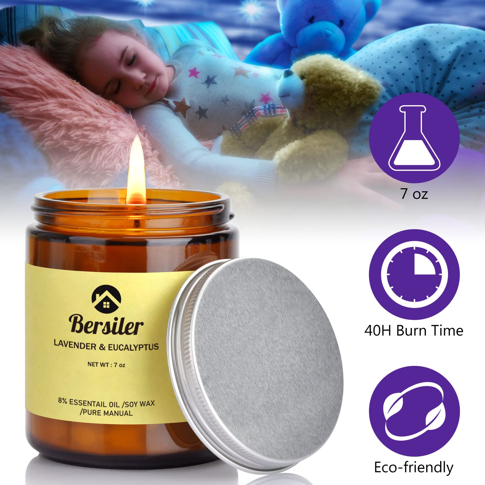 Bersiler Aromatherapy Candles, 7 OZ Lavender Eucalyptus Scented Candles Stress Relief and Relax for Home & Bedroom Gift for Wome